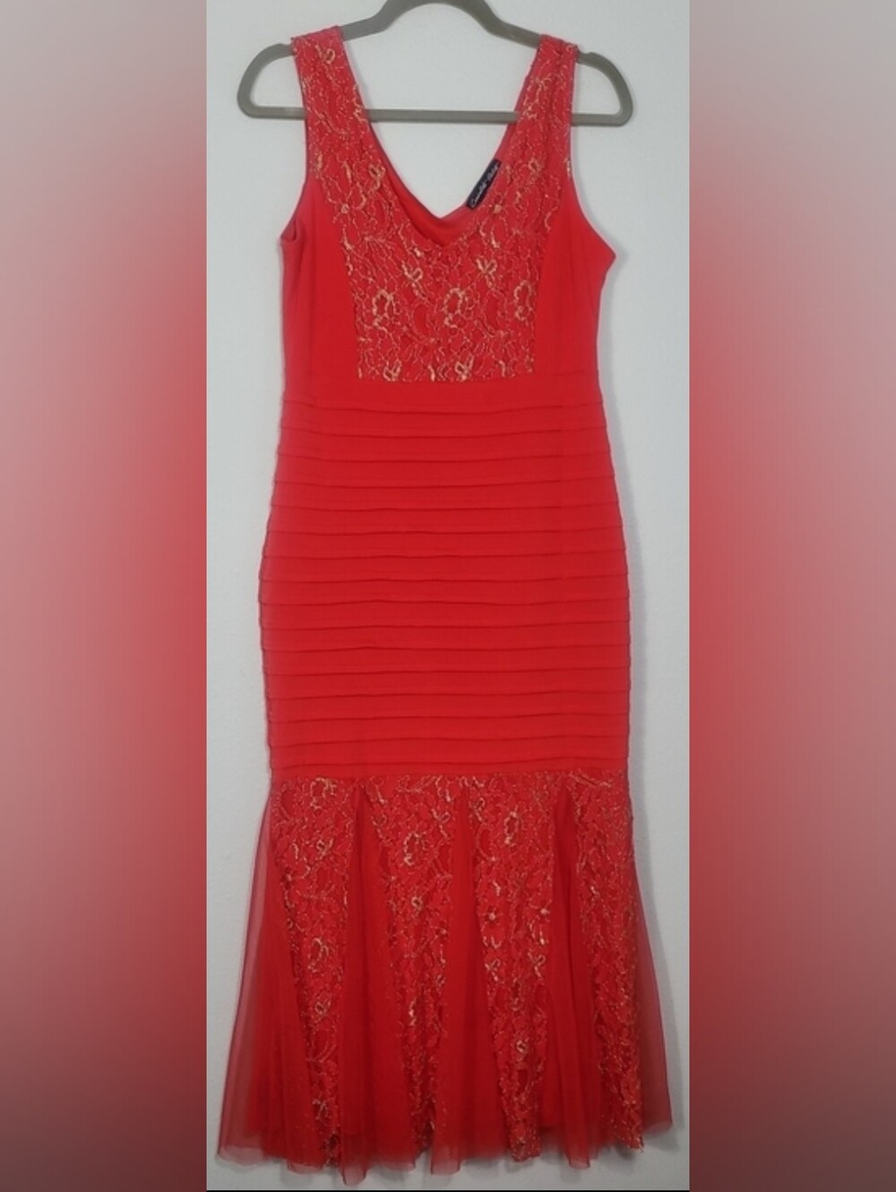 Vintage Candalite Red Gold Lace Formal Maxi Gown Size Large Petite Elegant